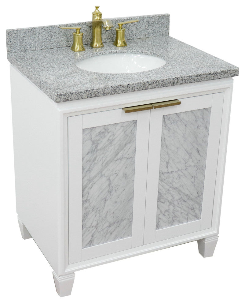 31" Single Sink Vanity, White Finish With Gray Granite With Oval Sink