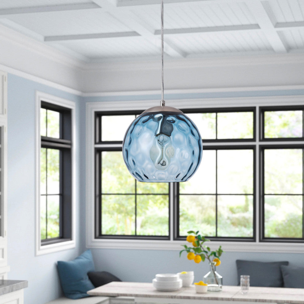 Modern Nickel Kitchen Island Pendant Light with Blue Water Ripple Glass Shade