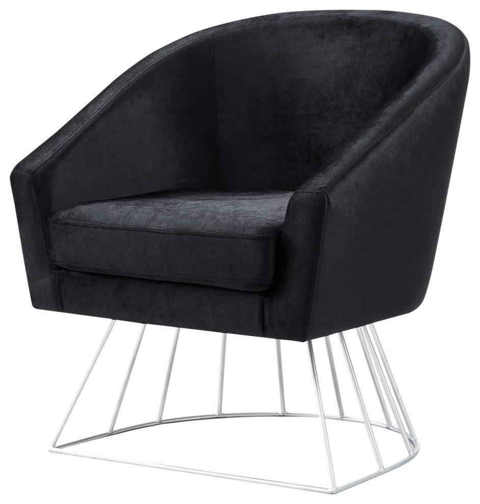 Alice Velvet Barrel Accent Chair With Metal Base, Black and Silver