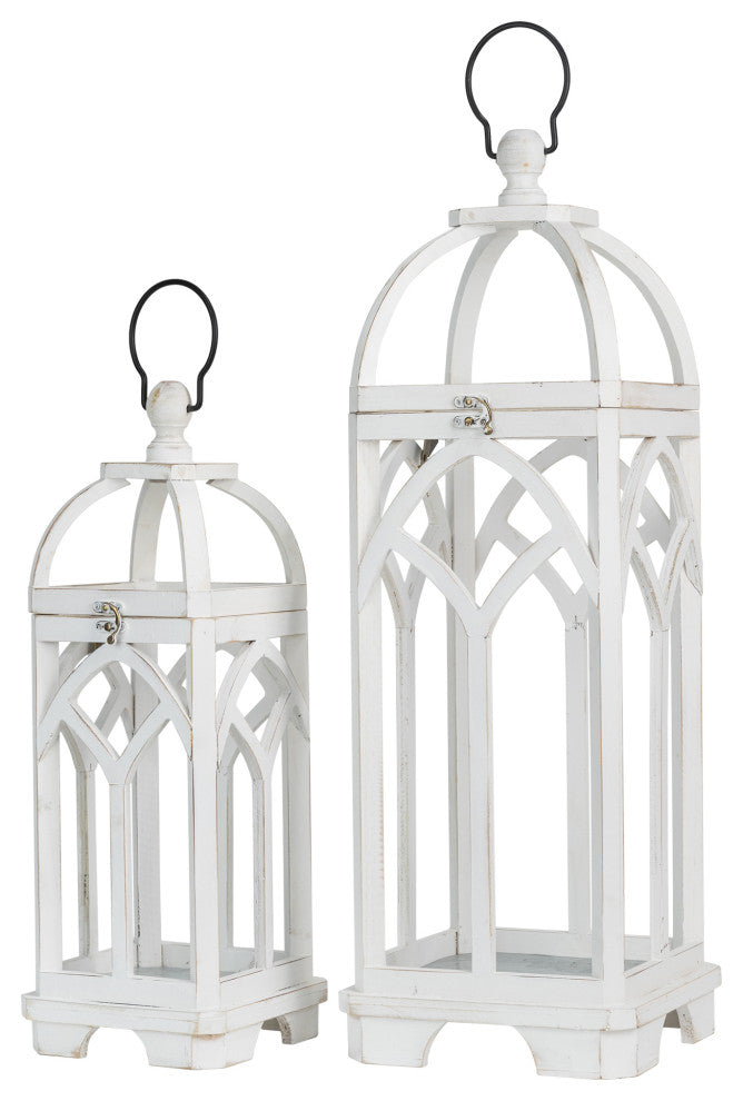 Wash White Farmhouse Wooden Church Window Frame Lanterns, Set of 2