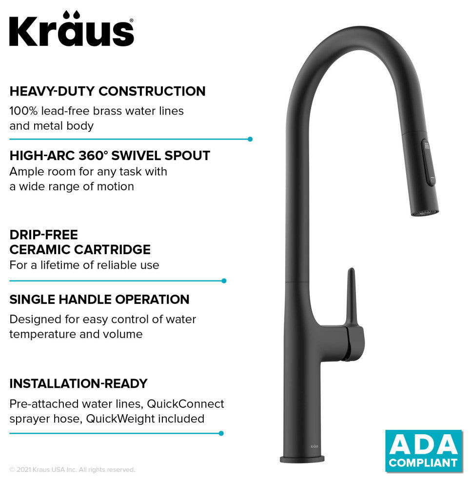 Oletto Pull-Down 1-Hole Kitchen Faucet, Matte Black, Model Kpf-3101mb