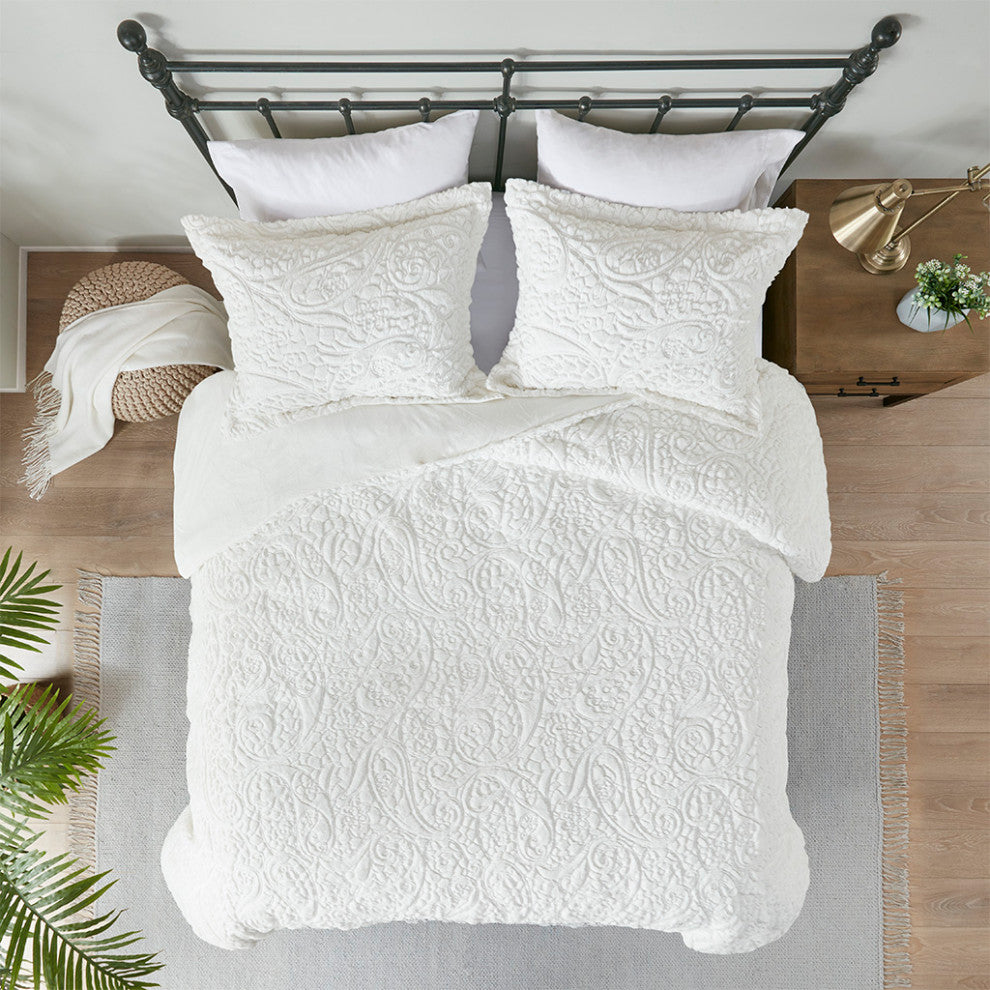 Madison Park Norfolk Embroidered Floral Plush Fur Comforter Mini Set, Ivory