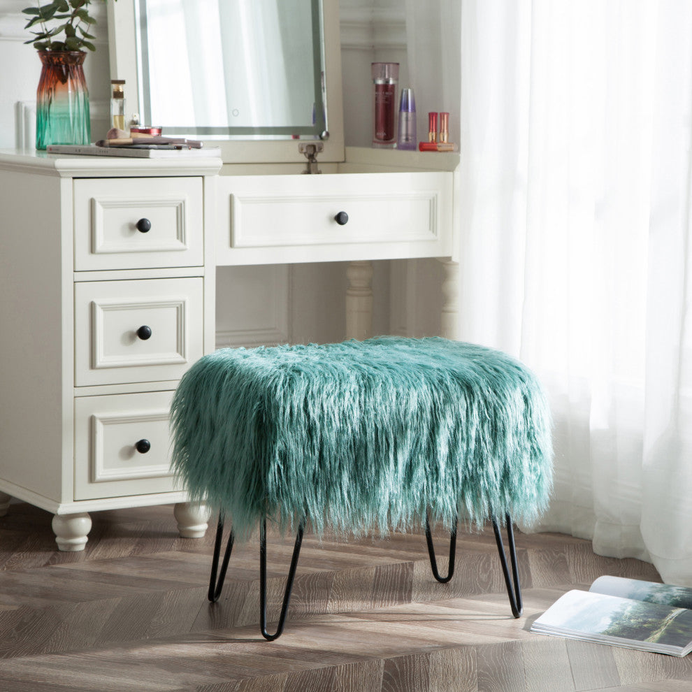 Mongolian Fur Ottoman, Oil Blue, 19''x13''x17''