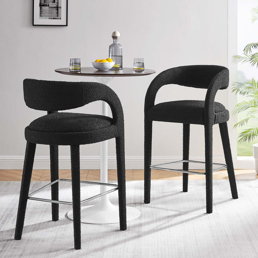 Pinnacle Boucle Upholstered Bar Stool Set of 2, Black Silver