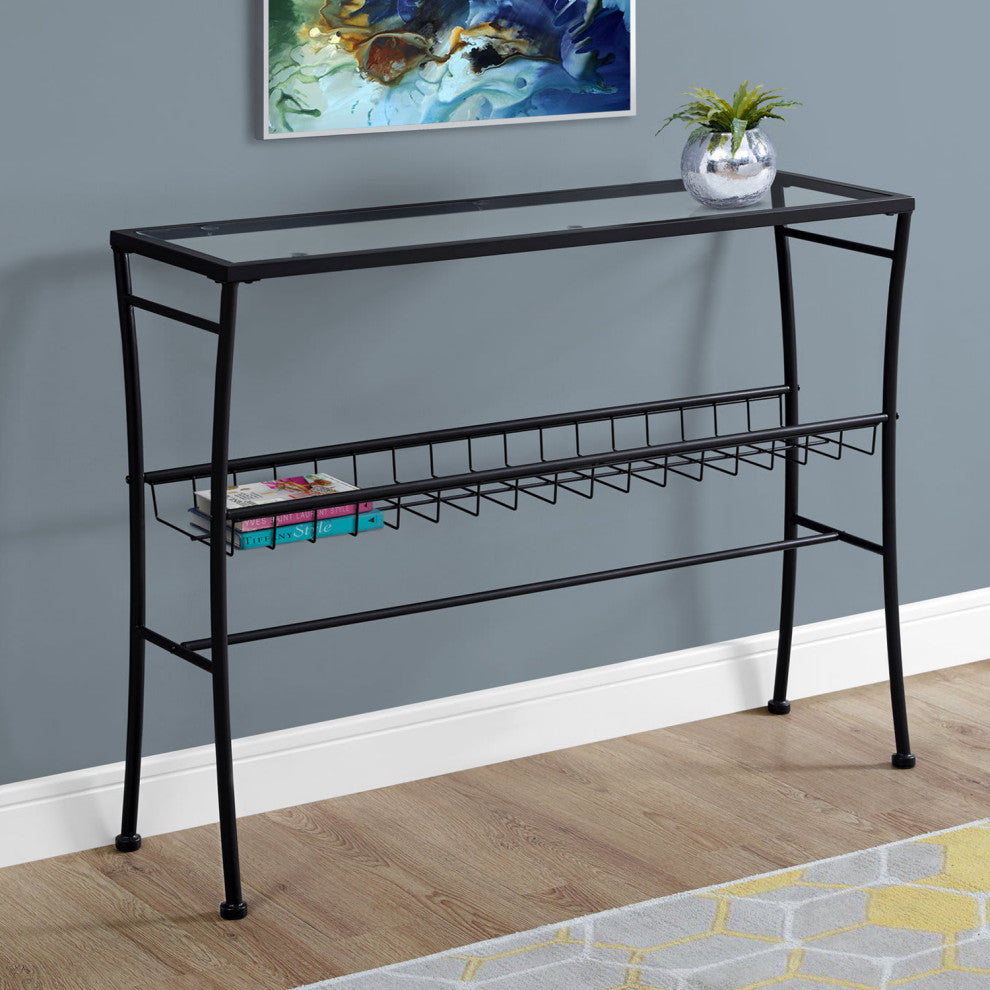 HomeRoots 12" x 41.75" x 32" Black Clear Metal Tempered Glass Accent Table