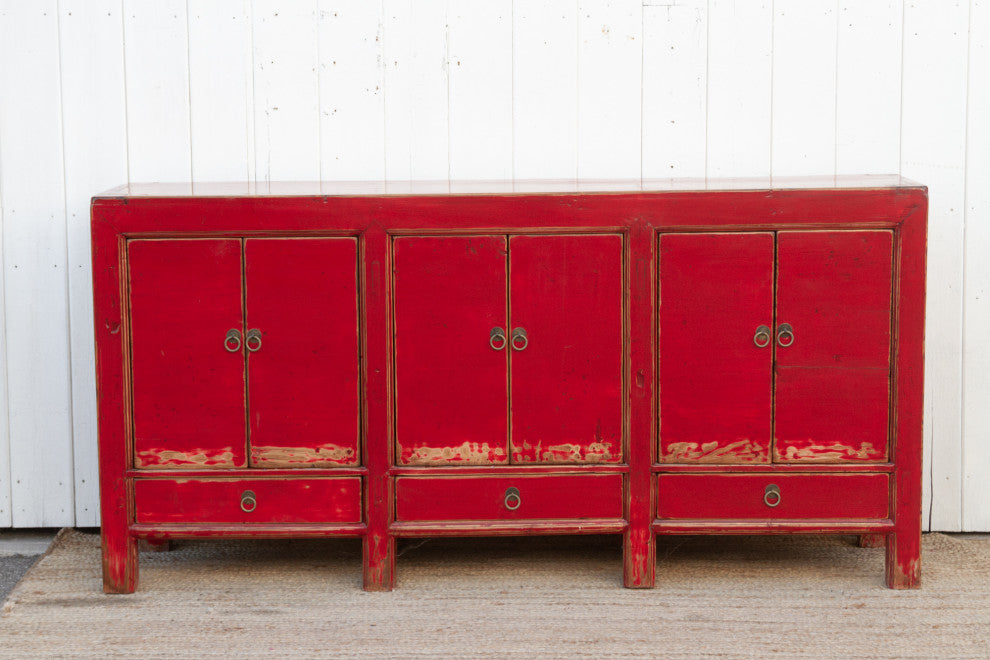Long Red Lacquered Asian Sideboard