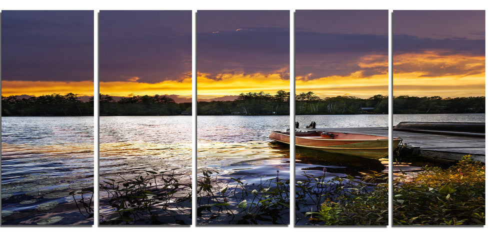 "Boat Docked in Lake At Sunset" Modern Seashore Canvas Art, 5 Panels, 60"x28"