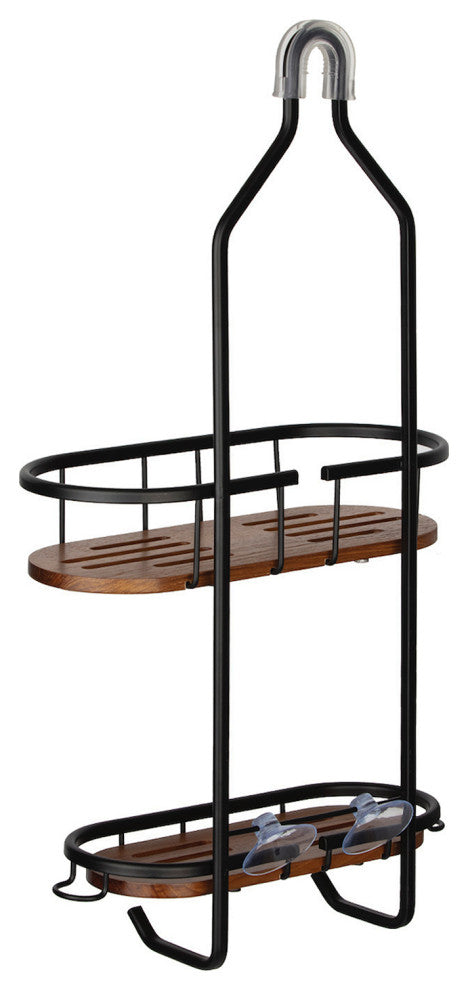 Utopia Alley Tia Rustproof Over the Shower Caddy, Teak Shelves, Matte Black
