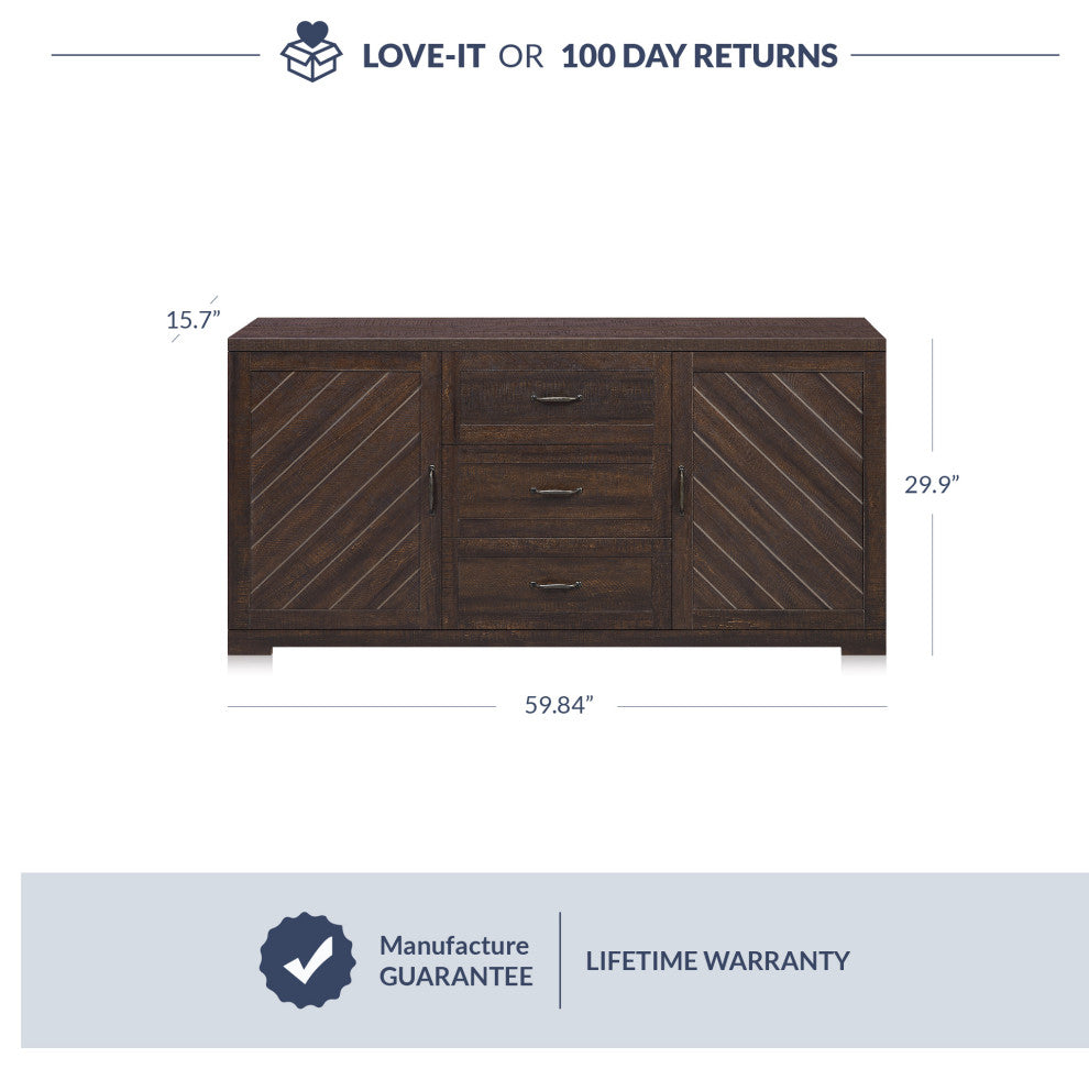 Sideboard, Console Table Or Buffet With Three Drawers & Four Shelves, Espresso