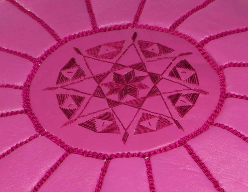 Moroccan Leather Pouf Ottoman, Fuschia, Stuffed