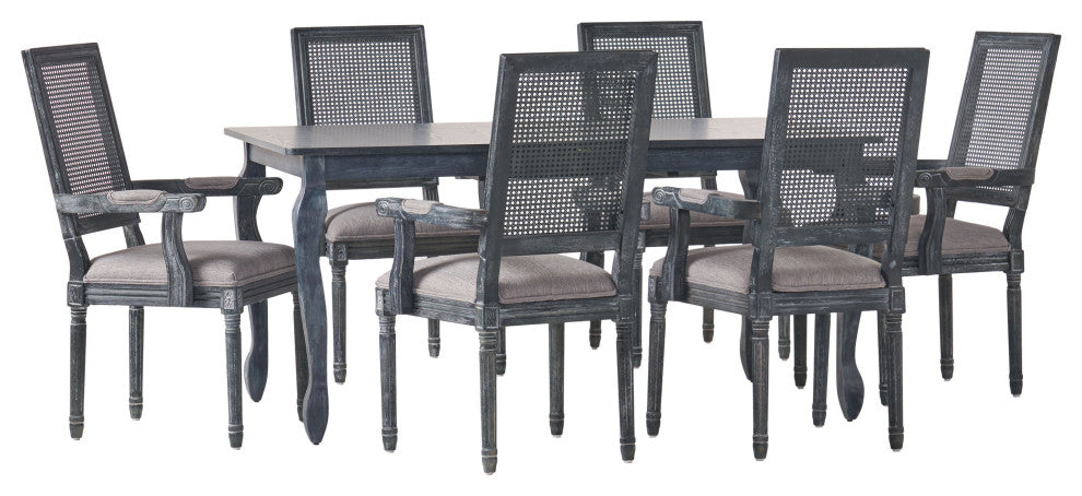 Regan Fabric Upholstered Wood and Cane Expandable 7-Piece Dining Set, Gray
