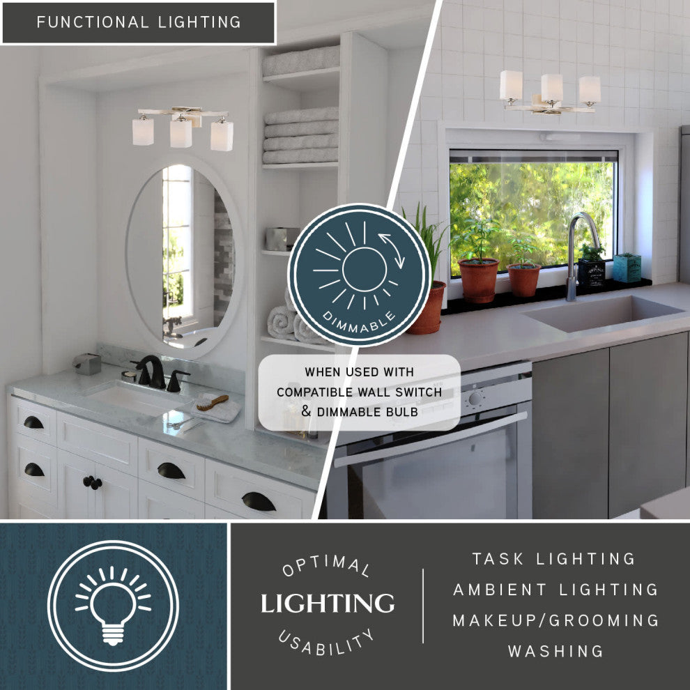 Robey 3-Light Polished Nickel Transitional Bathroom Vanity Fixture White Glass