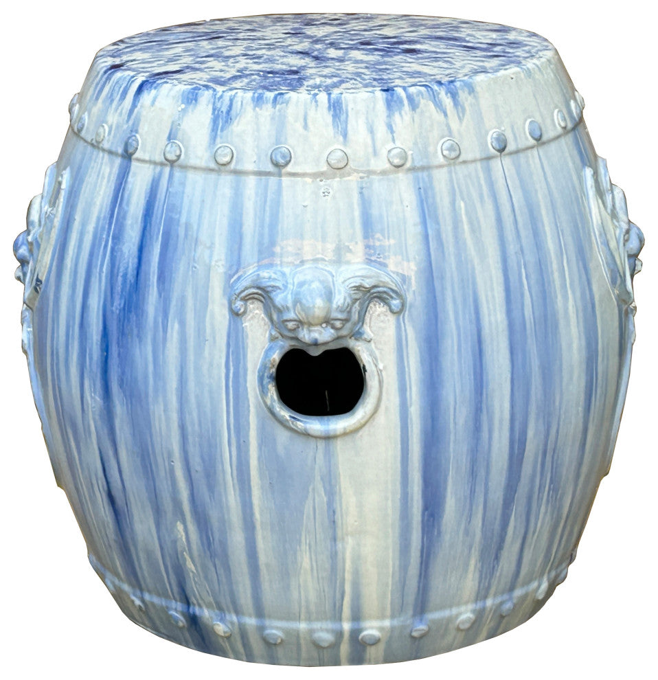White Blue Glaze Bat Fortune Coin Pattern Round Ceramic Garden Stool Hcs7809