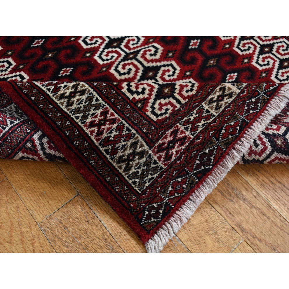 Maroon Red Turkoman Repetitive Design Pure Wool Hand Knotted Rug 3'2" x 4'1"