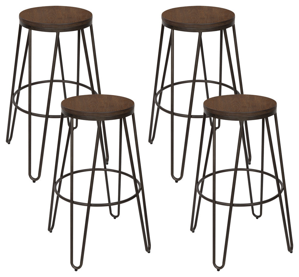 Tully Backless 30 Bar Stools, Set of 4, Bronze Legs, Wooden Seat