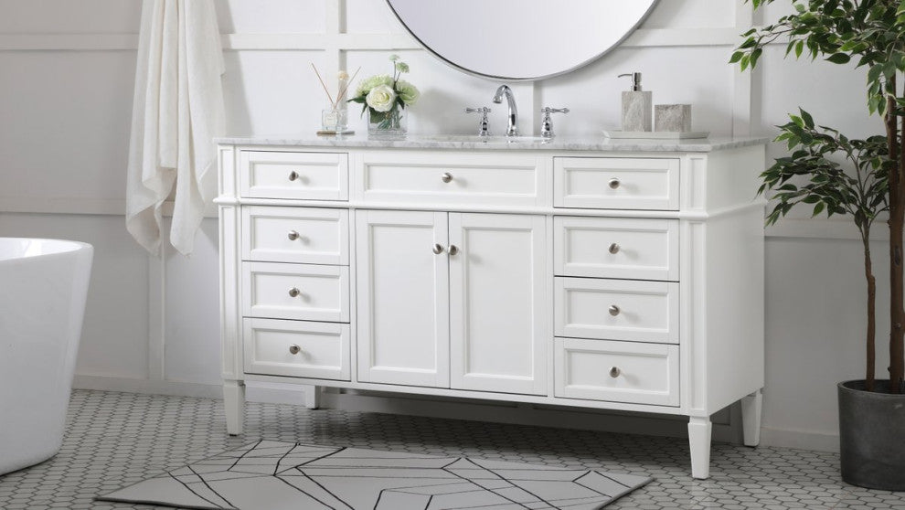 Home Living Vanity with Carrara White Marble Countertop, White, 60", Single Sink
