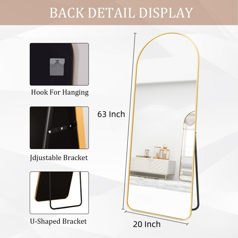Easly 20x63 Aluminum Alloy Framed Arched Rounded Floor Mirror, Gold