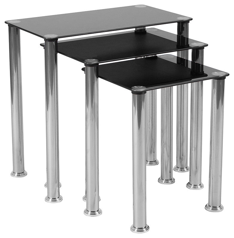 Black Glass Nesting Tables With Stainless Steel Legs