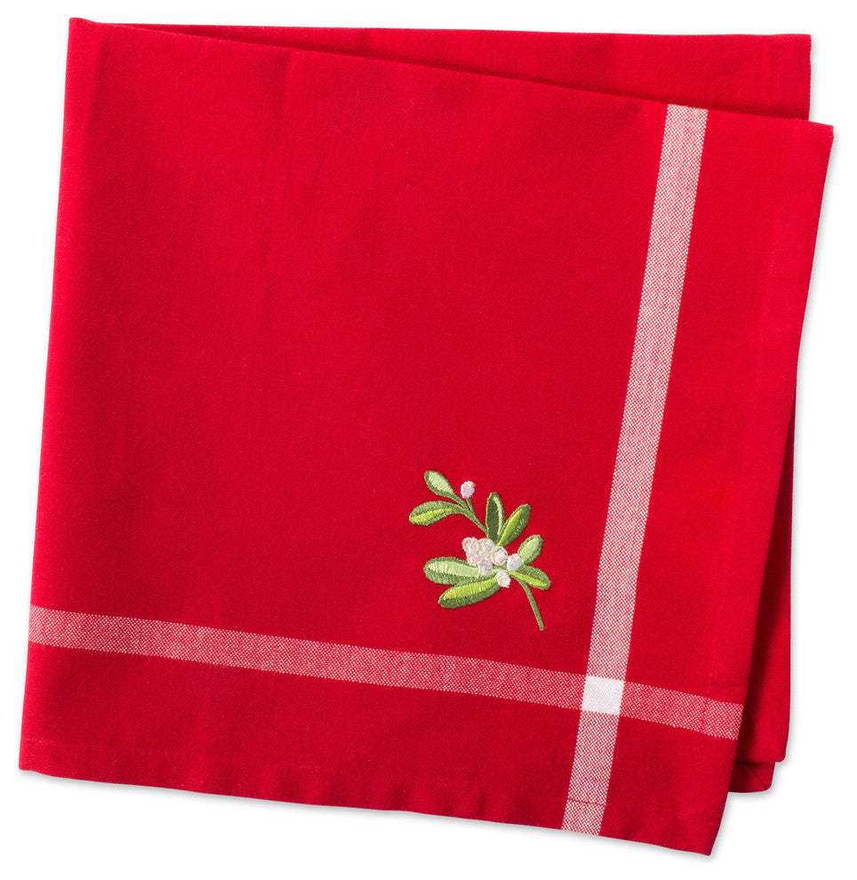 DII Red Embroidered Mistletoe Corner With Border Napkin, Set of 6