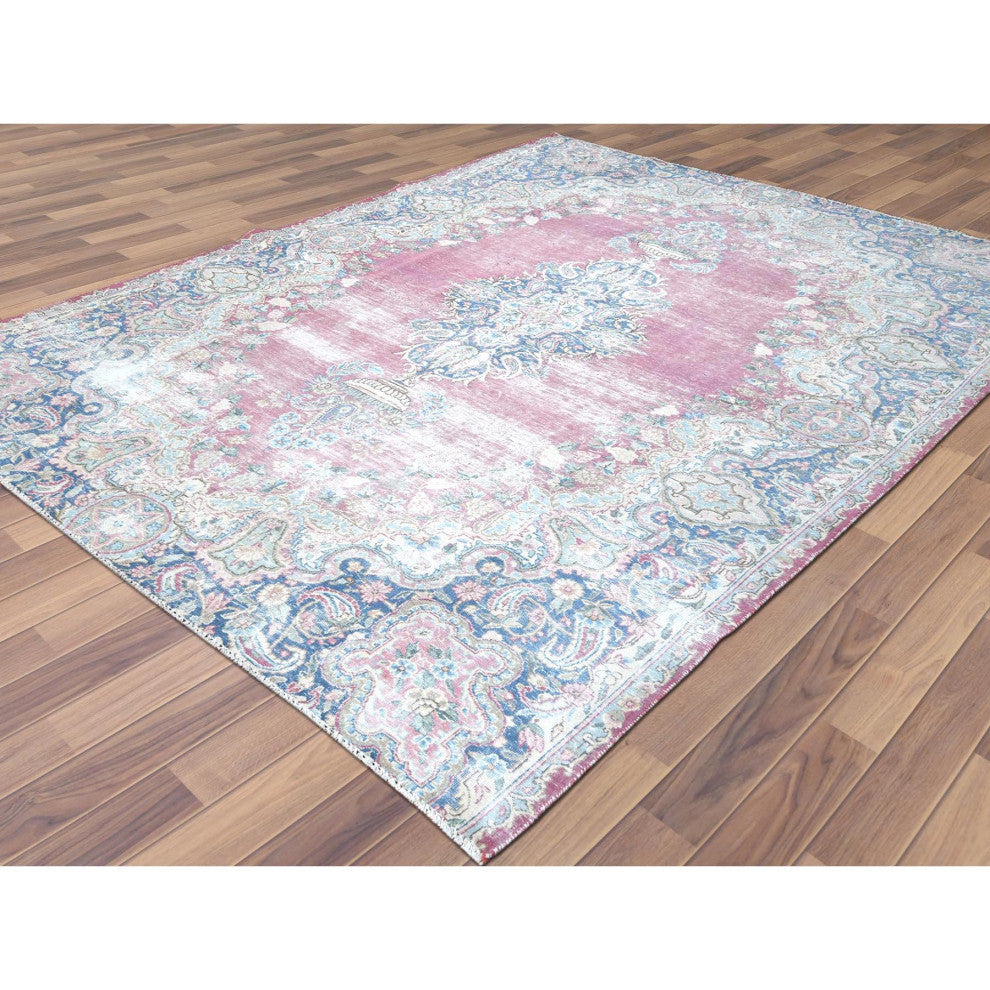 Vintage Persian Kerman, Worn Wool, Hand Knotted, Pink, Oriental Rug, 6'7" x 8'7"