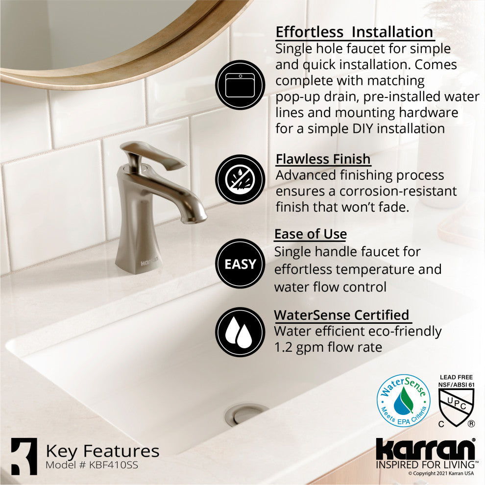 Karran 1-Hole 1-Handle Bathroom Faucet With Pop-Up Drain, Stainless Steel