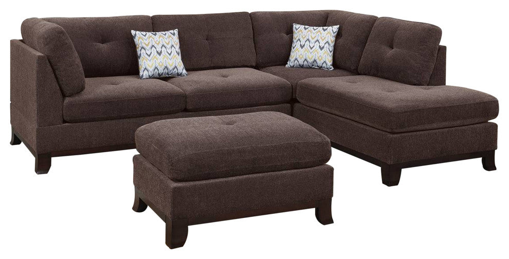 Benzara BM268879 3 Piece Sectional Sofa, Ottoman/Tufted Details, Dark Brown