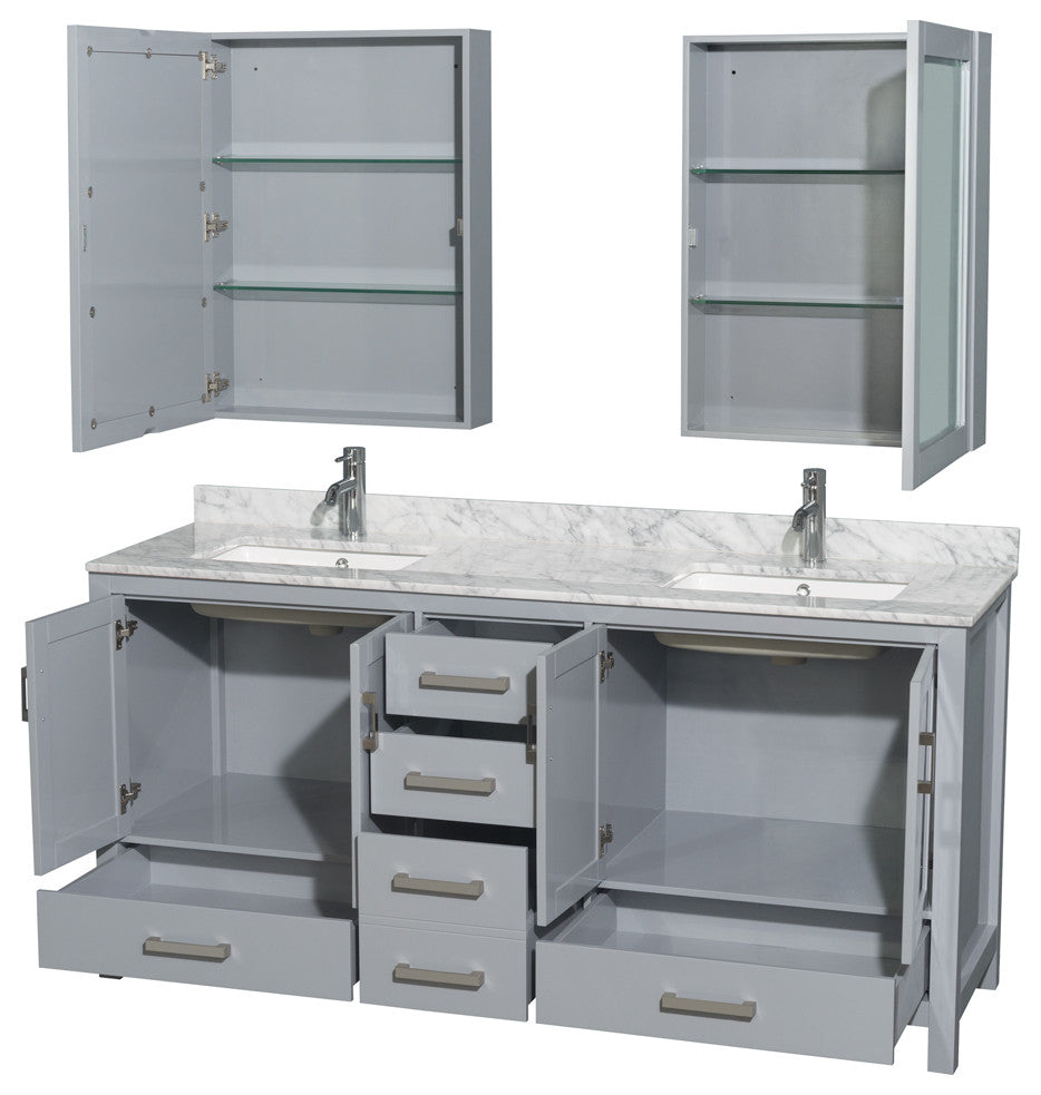 Wyndham WCS141472DGYCMUNSMED 72" Vanity in Gray + Carrera Marble and Square Sin