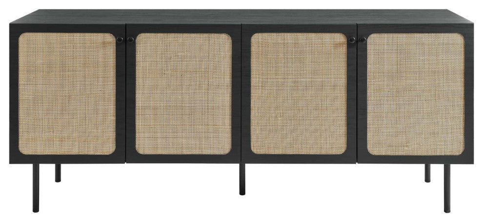 Cane Sideboard, Wood Rattan Buffet Table, BoHo Shabby Chic Credenza, Black