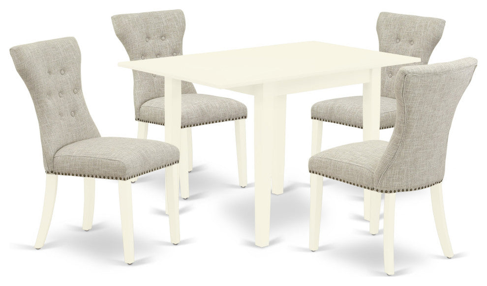 5Pc Kitchen Set 4 Chairs, 2 Drop Leaf Table Hardwood Frame, Linen White