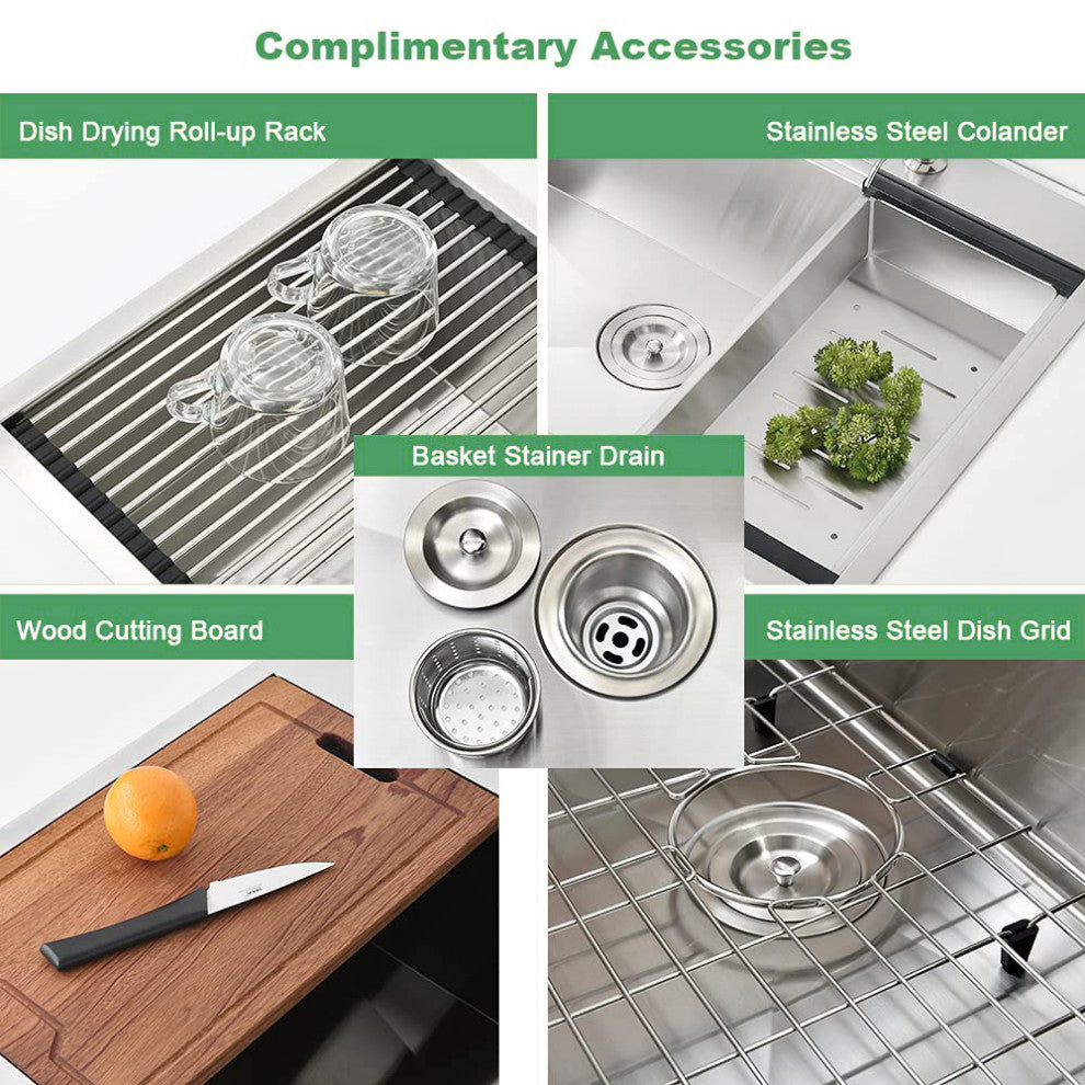 33" L X 22" W Premium Stainless Steel Kitchen Sink, Brushed Nickel