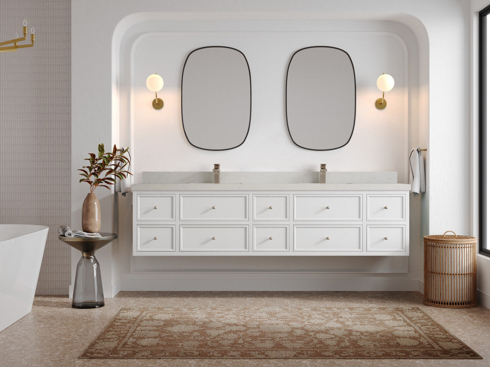 Roswell Floating 84" Double Sink Bath Vanity, White 2" Carrara Quartz