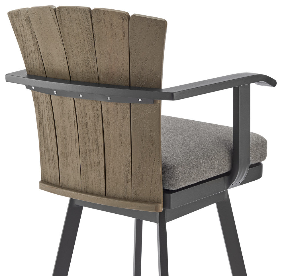 Hazel Outdoor Patio Swivel Bar Stool, Aluminum Teak Wood/Charcoal Cushion