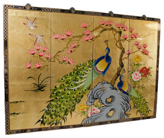 Oriental Wall Plaques Hand-Painted Peacock on Gold Leaf, 4-Piece Set, 56"x40"