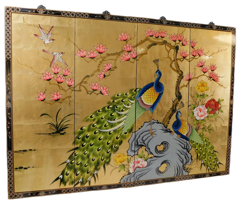 Oriental Wall Plaques Hand-Painted Peacock on Gold Leaf, 4-Piece Set, 56"x40"