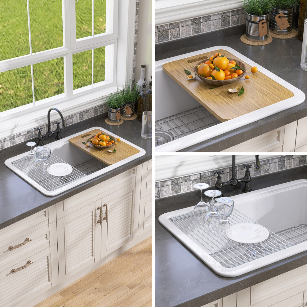 33"Lx22"W Drop-in/Undermount Farmhouse Fireclay Kitchen Sink With Accessories