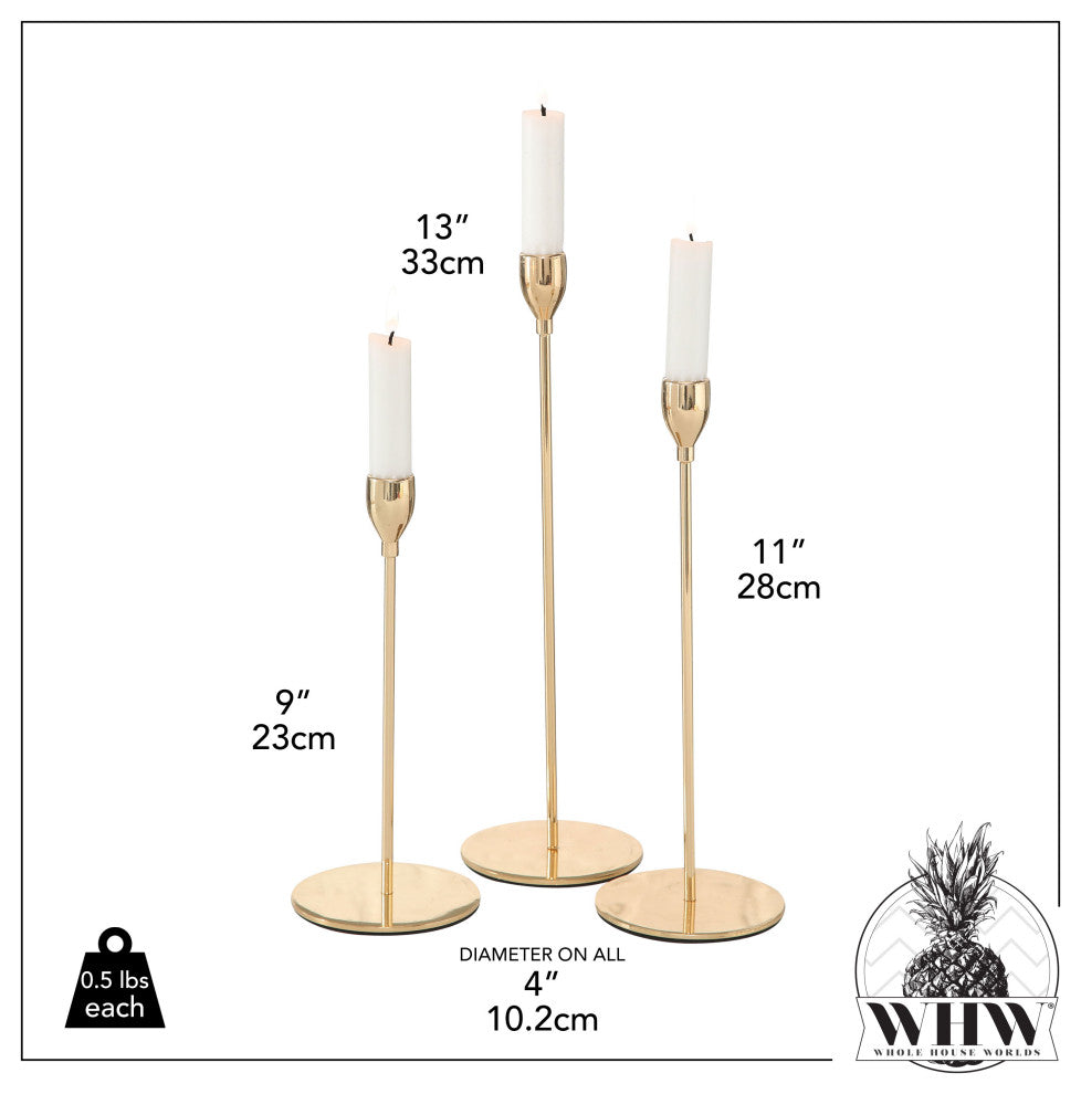 Modernist Tulip Top 3 Piece Gold Taper Candle Holder Set