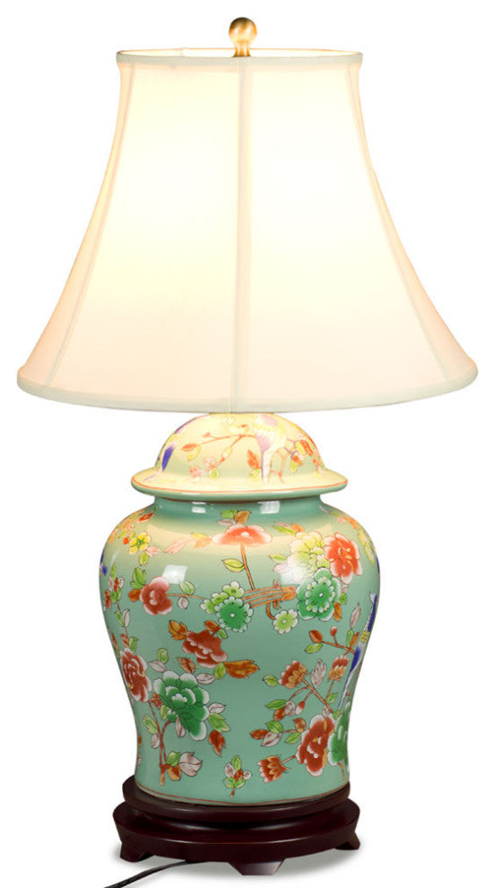 Light Teal Green Flower and Bird Motif Asian Porcelain Lamp