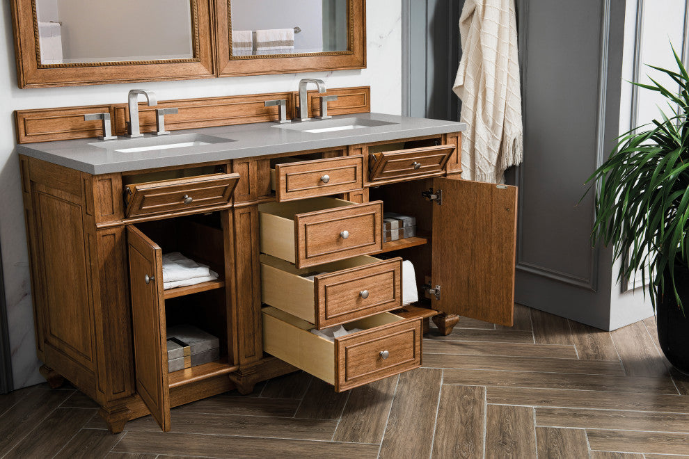 Bristol 60" Double Vanity, Saddle Brown, Gray Expo Quartz Top