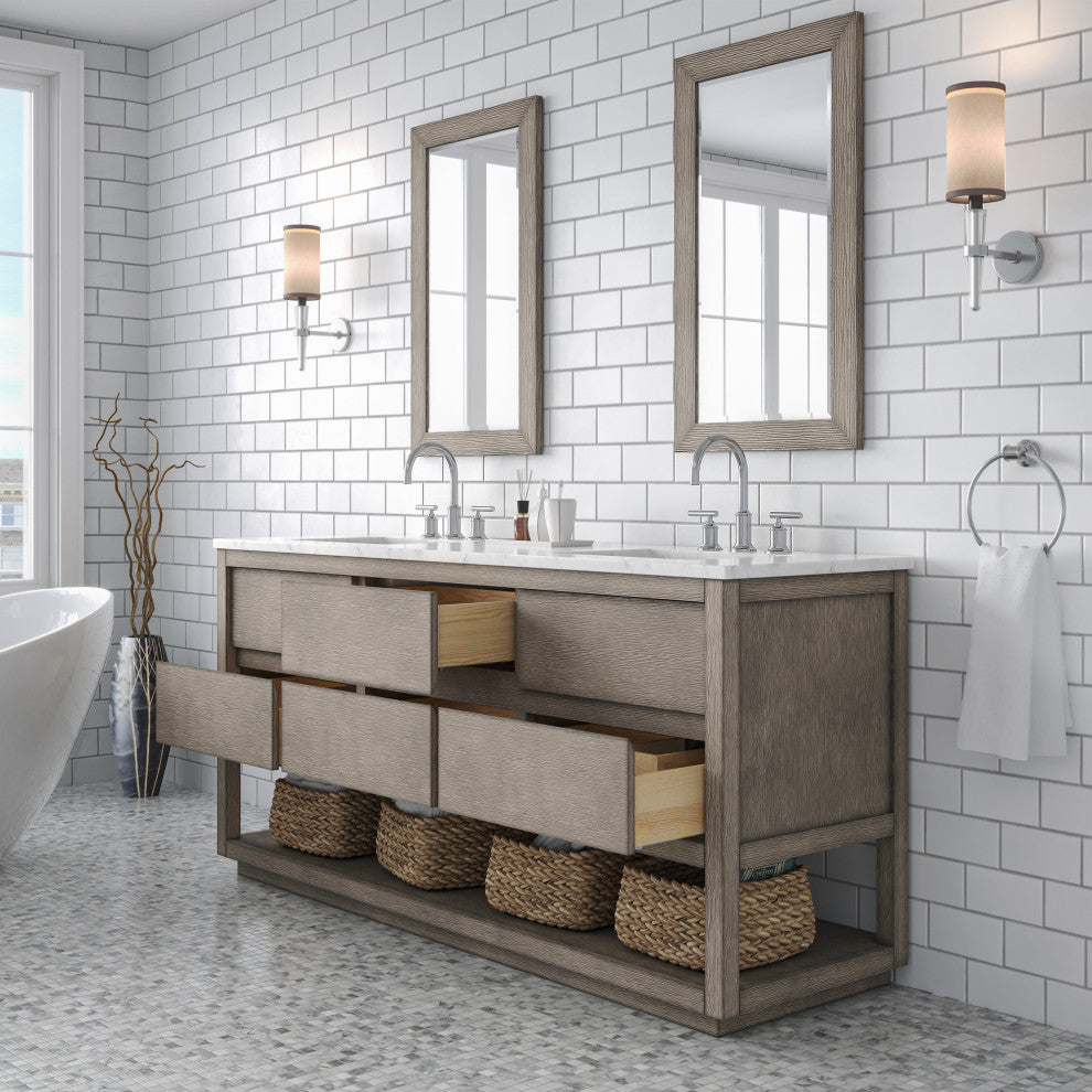 Oakman Marble Top Vanity in Grey Oak with Faucet, 72", Vanity With Chrome Faucet