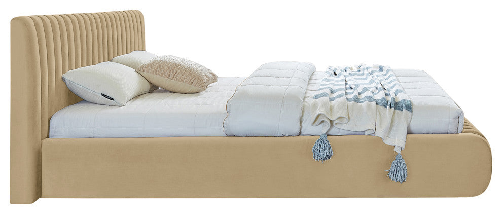 Nico Black Velvet Upholstered Bed, Camel, Queen
