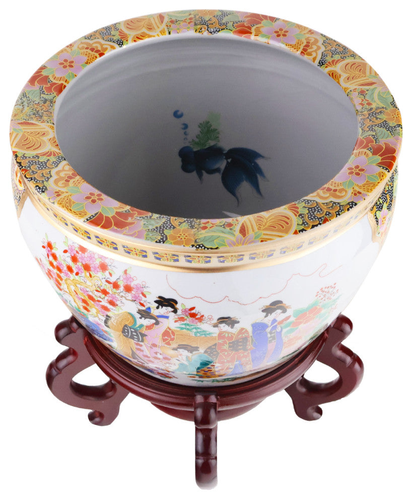 Chinese Porcelain Fish Bowl Planter, Satsuma Geishas, 8"