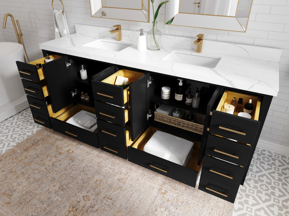 Malibu 84" Double Sink Bath Vanity in Black 2" Viola Gold