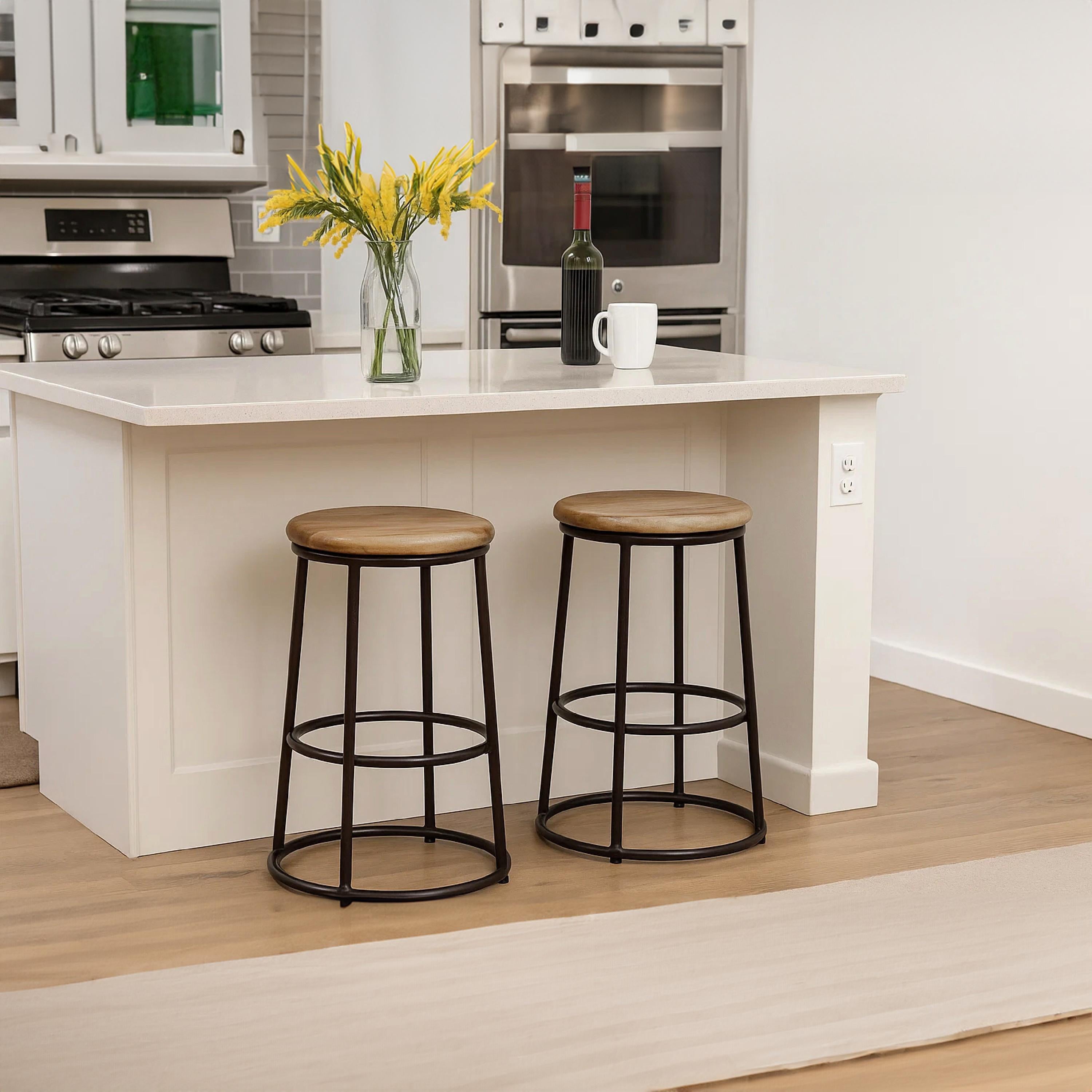 24" Mango Wood Counter Height Barstool With Iron Base Brown And Black