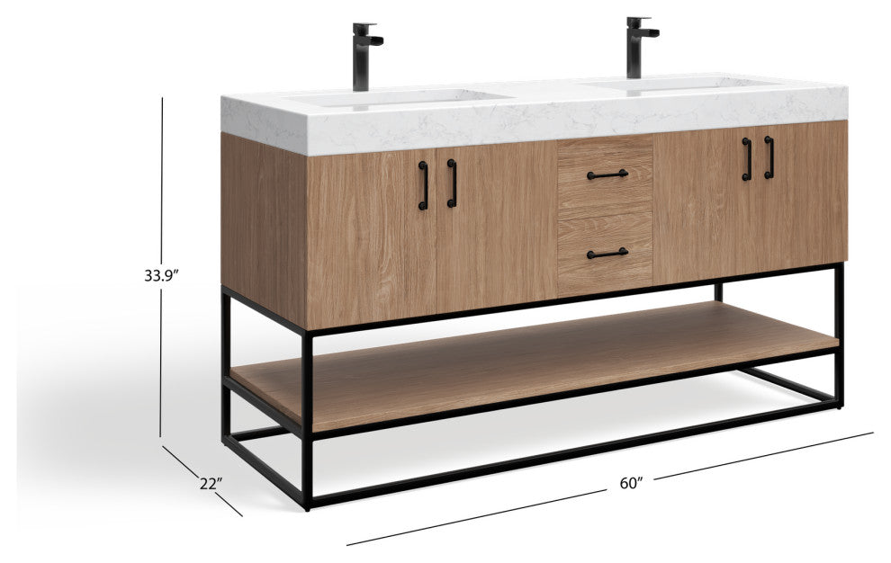 Bahia Bath Vanity, Oak, 60", Matte Black Hardware, Double, Freestanding