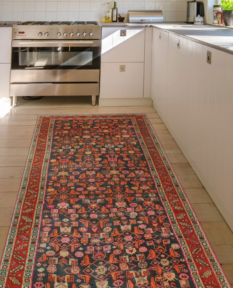 Fine Vintage Distressed Sofian Charcoal/Red Runner, 4'3x9'6