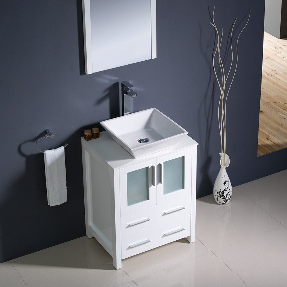Torino 24" White Modern Bathroom Vanity With Vessel Sink, FFT9152BN