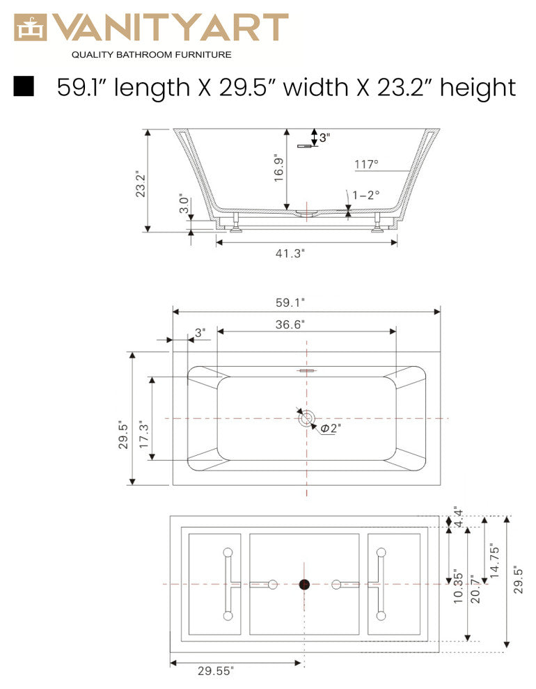 Freestanding Acrylic Bathtub, White/Titanium Gold, S, 59"