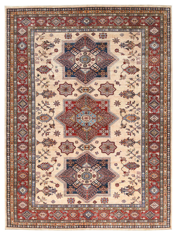 Cream Afghan Super Kazak Soft Wool Hand Knotted Oriental Rug, 8'10"x11'9"
