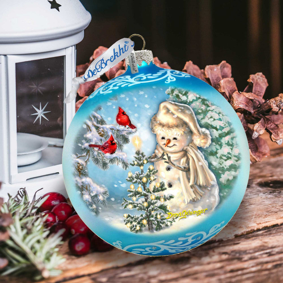 Glowing Snowman Lg Glass Ornament, Blue