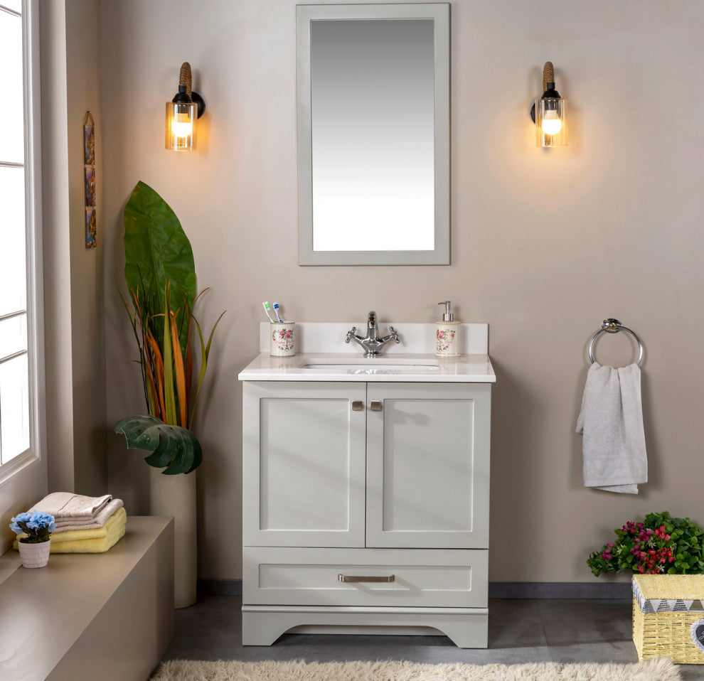 Livia Collection 30" Bath Vanity Quartz Top and Ceramic Sink, Grey, 30"